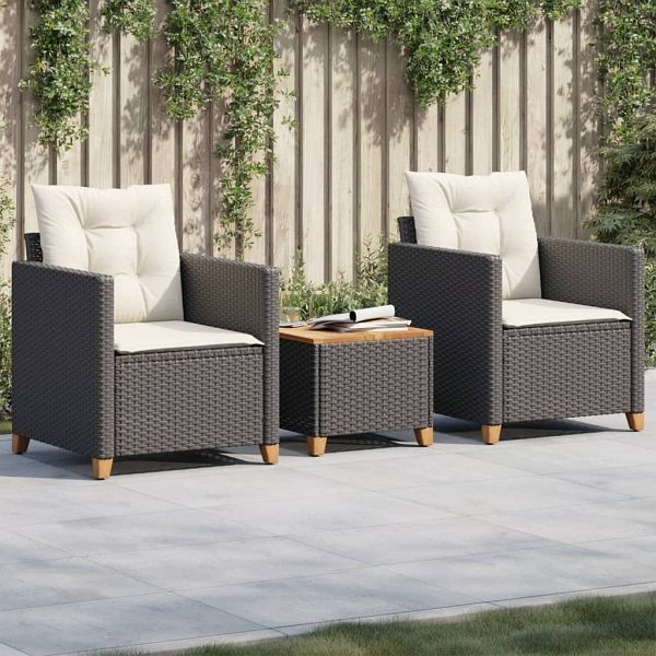 vidaXL 3-tlg. Bistro-Set mit Kissen Schwarz Poly Rattan Akazienholz, 366309