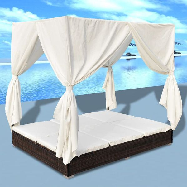 vidaXL Outdoor-Loungebett mit Vorhang Poly Rattan Braun, 42947