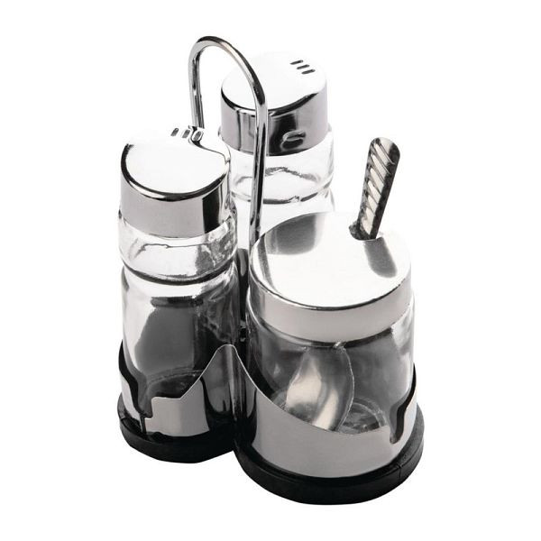 Comas Menage Set für Salz, Pfeffer und Senf, Edelstahlständer mit schwarzem Kusntstoffboden, DY414