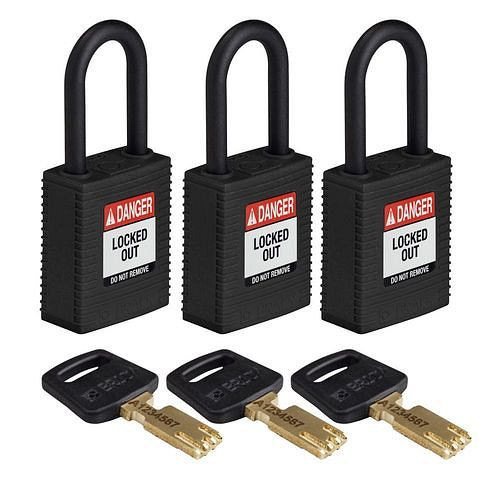 Brady Vorhängeschlösser SafeKey, Kunststoffbügel, VE: 3 Stück, lichte Bügelhöhe 38,10 mm, schwarz, 311890