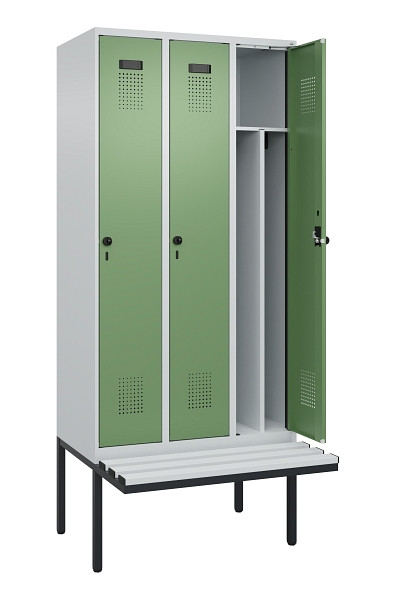 C+P Spind Evolo PLUS, 3 Abteile, 2120x900x815mm, 7035/6011, Haken 4, Drehriegel, Material Sitzfläche Kunststoff, 0490407-30F S10064