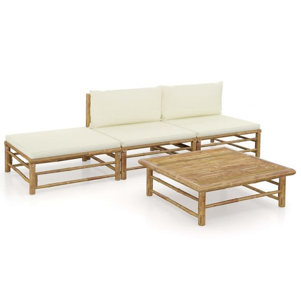 vidaXL 4-teilig Garten-Lounge-Set mit Cremeweißen Kissen Bambus, 3058243