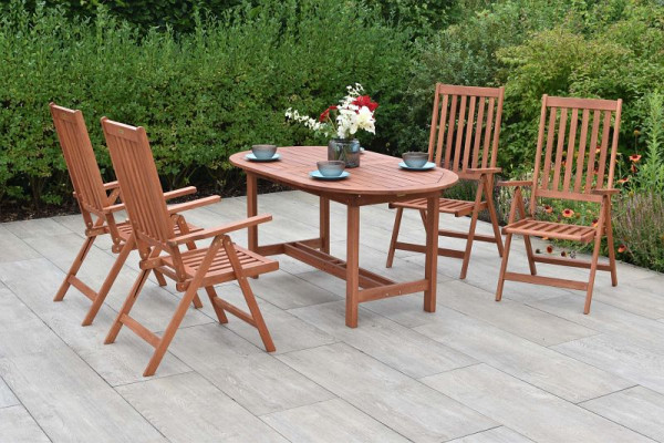 Merxx Vitoria Set 5-teilig, 4 Vitoria Klappsessel, Rückenlehne 5-fach verstellbar, 1 Ausziehtisch 160 (210) x 90 cm, FSC Eukalyptusholz, 50182-011