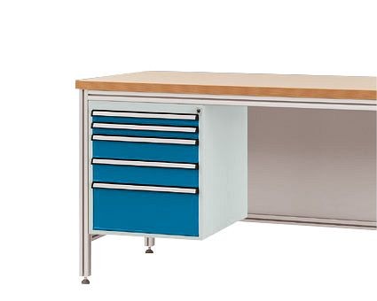 Manuflex Gehäuse-Unterbau für ALU-Arbeitstische, Nutzhöhe 500 mm mit 5 Schubfächern, für Tischtiefe 600 mm, lichtgrau/brillantblau, ZB4875.0002