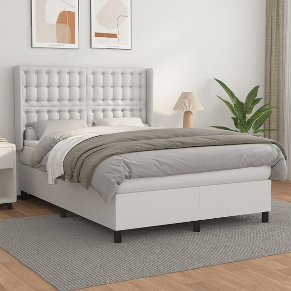 vidaXL Boxspringbett mit Matratze Weiß 140x200 cm Kunstleder, 3132502