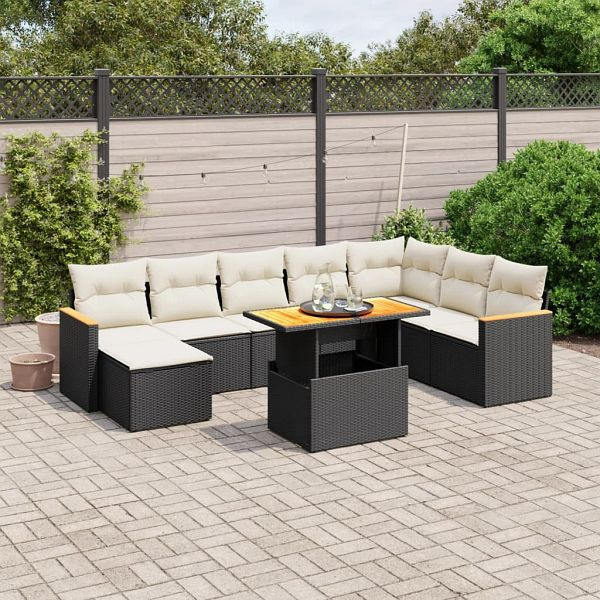 vidaXL 9-teilig Garten-Sofagarnitur mit Kissen Schwarz Poly Rattan, 3273212