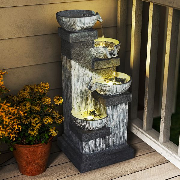 Outsunny 85 cm Outdoor-Brunnen, 4-stufiger Zierbrunnen, künstlicher Wasserfall mit LED-Beleuchtung und Pumpe, Grau, 84J-018V90GY
