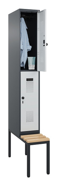 C+P Doppelstock-Spind Evolo PLUS, Bank, 2 Fächer, 2120x300x815mm, 7016/7035, Drehriegel, Sitzfläche Buche-Hartholz, Sitzbank, 0493507-10 S10017