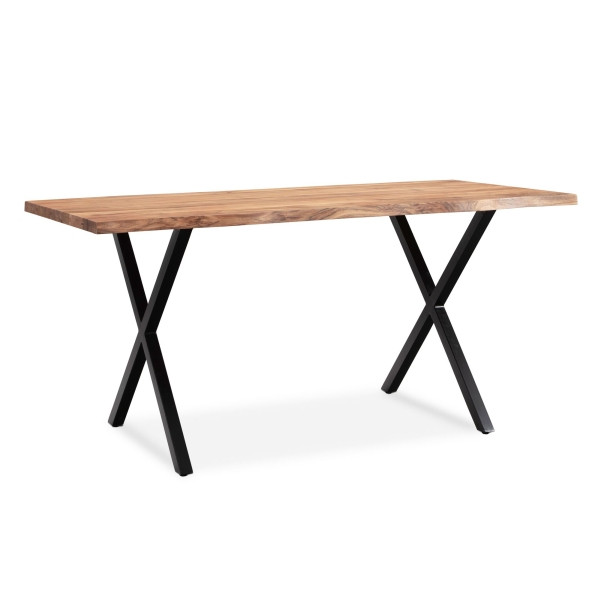 Wohnling Esszimmertisch 120x60x76 cm Akazie Massivholz/Metall Esstisch Baumkante, Küchentisch mit X-Beinen in Schwarz, Holztisch Rechteckig, WL7.251