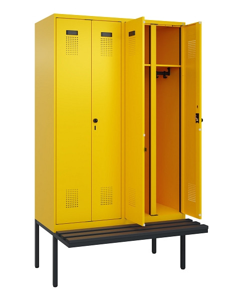 C+P Schwarz-Weiß-Spind Evolo PLUS, Bank, 4 Abteile, 2120x1200x815mm, 1023/1023, Drehriegel, Material Sitzfläche Kunststoff, 0490427-40 S10076