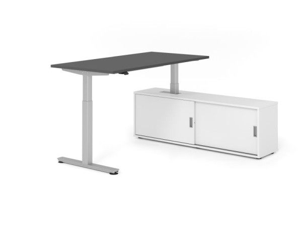 Hammerbacher Schreibtisch XMST16, 160x80cm, Platte: Graphit, T-Fuß Gestell Silber, Höhe: 71 - 120 cm, Weiß / Weiß, VXMST16SB/G/S/W/W