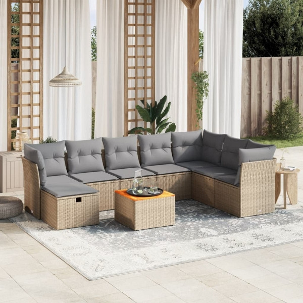 vidaXL 9-tlg. Garten-Sofagarnitur mit Kissen Beige Poly Rattan, UV-beständig, 3264762