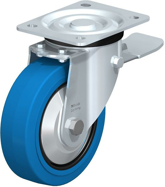 Blickle L-POEV 160XR-ST-SB-FA Stahlblech-Lenkrolle, mittelschwere Ausführung, mit Anschraubplatte & Feststeller, Elastik-Vollgummi, Blau, 850616