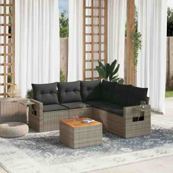 vidaXL 6-tlg. Garten-Sofagarnitur mit Kissen Grau Poly Rattan, UV-beständig, 3256893