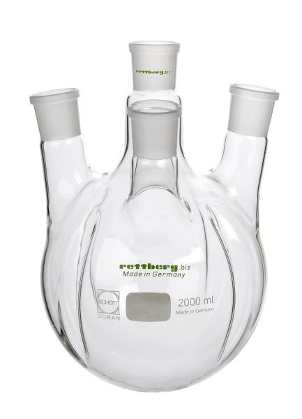 Rettberg 4-Halskolben, 5000 ml, mit 4 Schikanen, Mittelhals NS 45/40, 3x Seitenhälse NS 29/32, schräg im Winkel von 7°, Borosilikatglas 3.3, 107000260