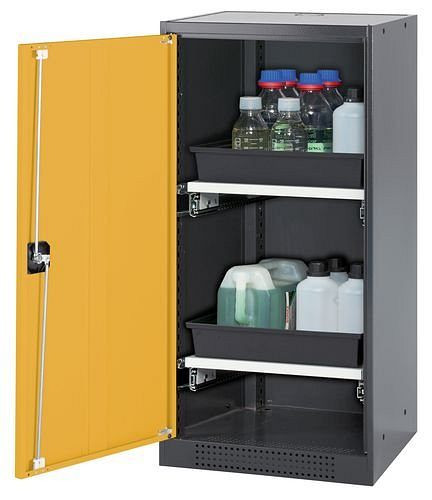 asecos Chemikalienschrank Systema-T CS-52L, Korpus anthrazit, Flügeltüren gelb, 2 Tablarauszüge, 208619