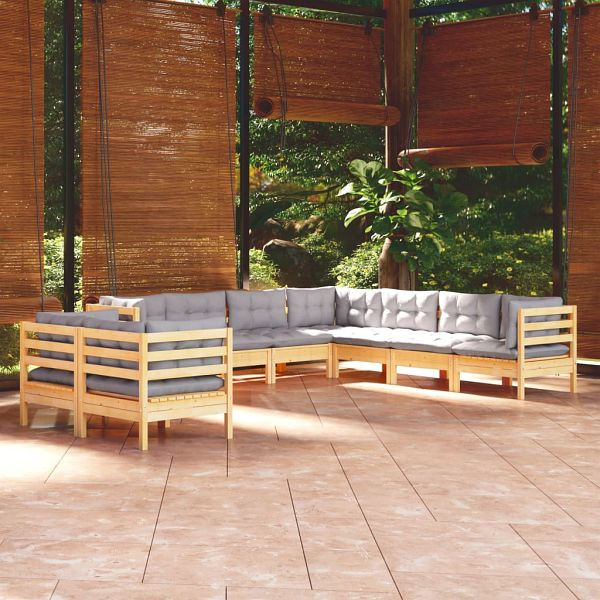 vidaXL 9-teilig Garten-Lounge-Set mit Grauen Kissen Massivholz Kiefer, 3096898
