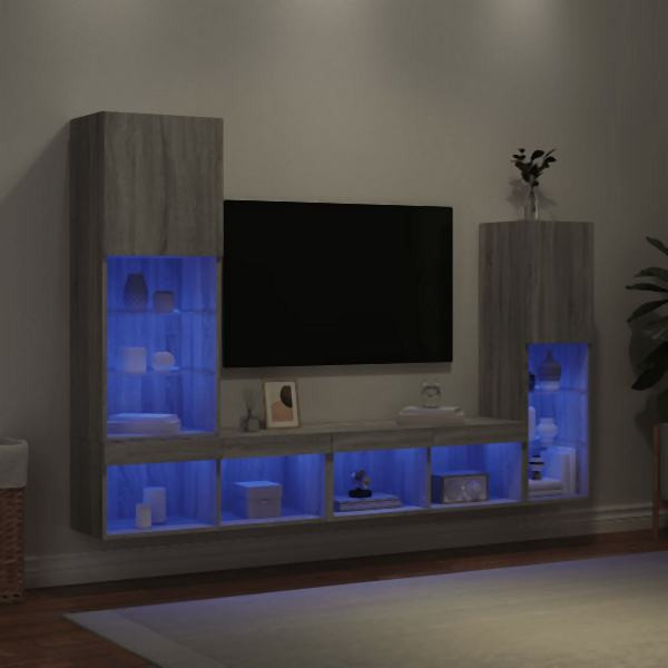 vidaXL 4-tlg. Wohnwand mit LED-Beleuchtung Grau Sonoma Holzwerkstoff, 3216659