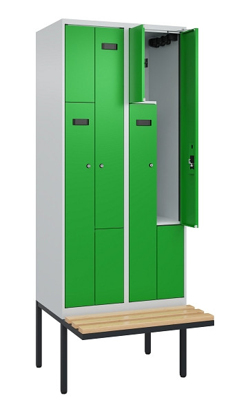 C+P Z-Spind Evolo PLUS, Bank, 4 Fächer, 2120x800x815mm, 7035/6037, Zylinderschloss, Sitzfläche Holz, 0490437-224 S10035