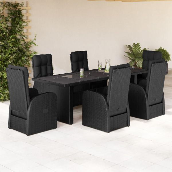vidaXL 7-tlg. Garten-Essgruppe mit Kissen Schwarz Poly Rattan, 3277640