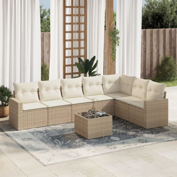 vidaXL 8-tlg. Garten-Sofagarnitur mit Kissen Beige Poly Rattan, 3219048