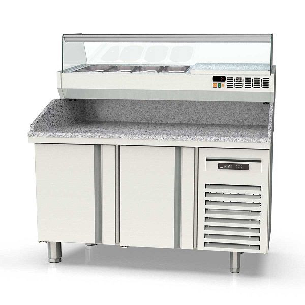 Vaiotec TOPLINE Pizzatisch 600 / 2-fach mit Türen, Granitplatte grau, inkl. Kühlaufsatz, GN 1/4, Breite: 1495 mm, 11623