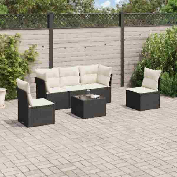 vidaXL 6-tlg. Garten-Sofagarnitur mit Kissen Schwarz Poly Rattan, UV-beständig, 3249195