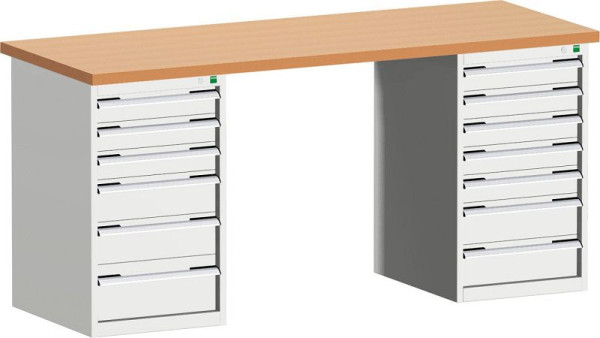 bott cubio Werkbank mit 2 Schubladenschränken 13 Schubladen, Multiplex-Platte BxTxH: 2000 x 750 x 940 mm, Multiplex RAL 7035, 41003517.16V