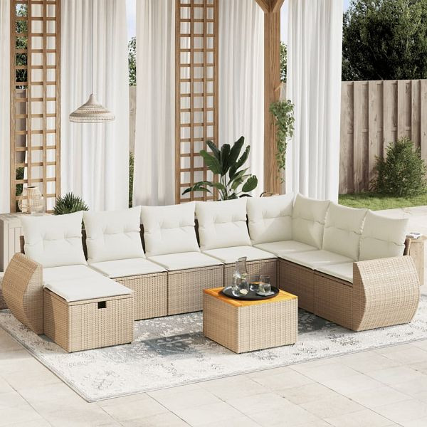 vidaXL 9-teilig Garten-Sofagarnitur mit Kissen Beige Poly Rattan, 3265097