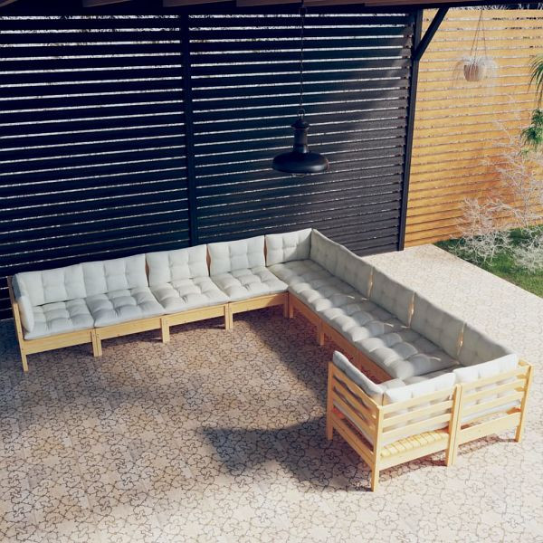 vidaXL 10-teilig Garten-Lounge-Set mit Creme Kissen Kiefernholz, 3097007
