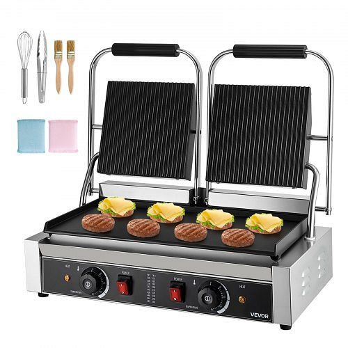 VEVOR Panini-Grill 3600 W Edelstahl, 48x23 cm Heizplatte, Temperaturregelung, Sandwichmaker & Pressgrill, SYYBDBL3600WZ5ARX002V2