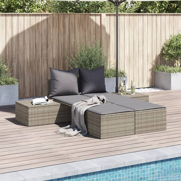vidaXL Doppel-Sonnenliege mit Kissen Grau Poly Rattan, 368391