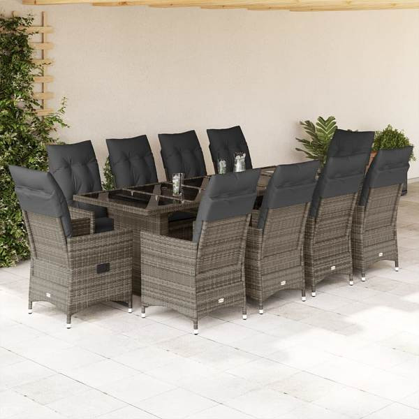 vidaXL 11-tlg. Garten-Bistro-Set mit Kissen Grau Poly Rattan, UV-beständig, 3277242