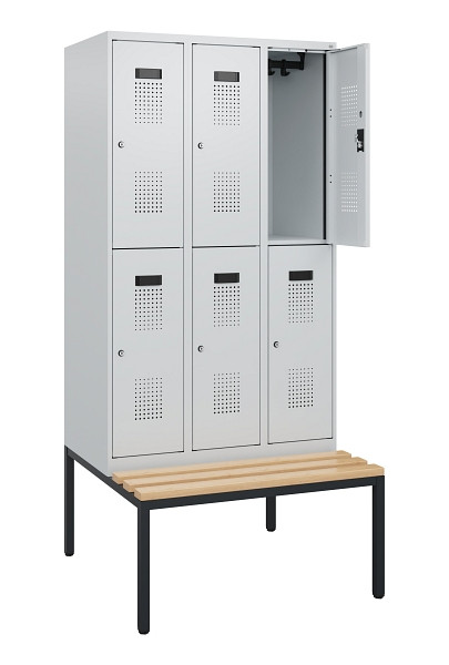 C+P Doppelstöckiger Spind Evolo PLUS, Bank, 6 Fächer, 1950x900x815mm, 7035/7035, Zylinderschloss, Sitzfläche Buche-Hartholz, Sitzbank, 0493505-30 S10040