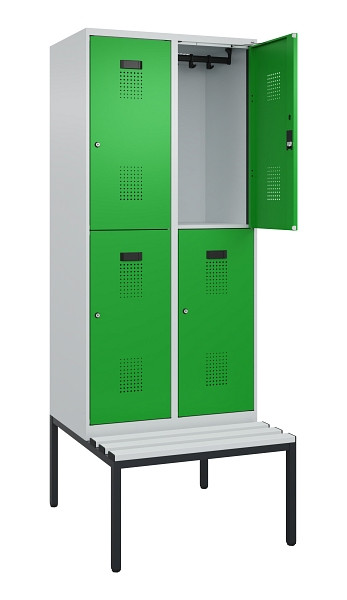C+P Doppelstock-Spind Evolo PLUS, Bank, 4 Fächer, 2120x800x815mm, 7035/6037, Zylinderschloss, Sitzfläche Kunststoff, Sitzbank, 0493507-22 S10119