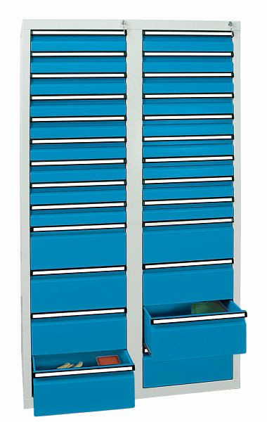stumpf Schubladenschrank, Höhe 180 cm, Teleskopauszüge, 40 kg / Schublade, 26 Schubladen, lichtgrau / lichtblau, 7104878