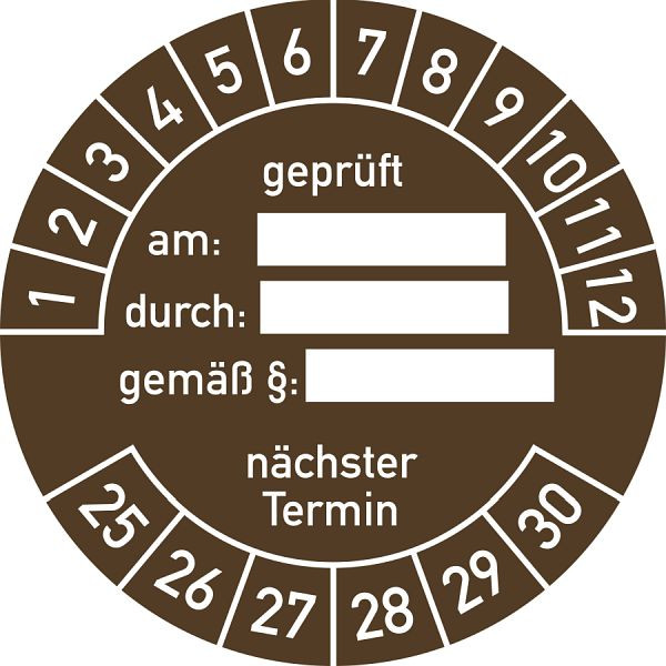 Moedel Prüfplakette geprüft am: durch:...2025 - 2030, Folie, Ø 40 mm, VE: 10 Stück/Bogen, 106276