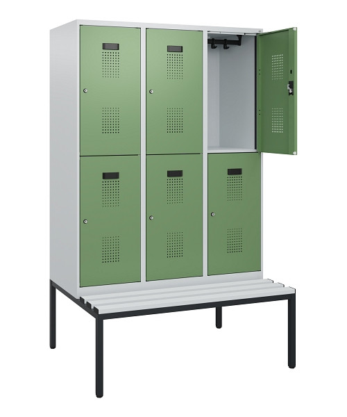 C+P Doppelstöckiger Spind Evolo PLUS, Bank, 6 Fächer, 1950x1200x815mm, 7035/6011, Zylinderschloss, Sitzfläche Kunststoff, Sitzbank, 0493505-32 S10145