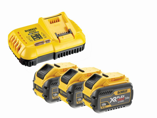 DeWalt 54 Volt / 162 Wh XR FLEXVOLT Akku-Starter-Set, inklusive 3x Akku und 1x Schnellladegerät, DCB118X3-QW