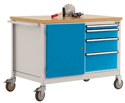 Manuflex Mobile Werkbank Modell 4 mit geölter Multiplex-Abdeckplatte 30 mm BxTxH 1135 x 590 x 810 mm, lichtblau, TP1004.5012