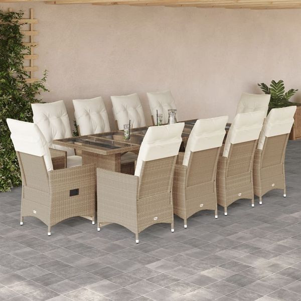 vidaXL 11-teilig Garten-Bistro-Set mit Kissen Beige Poly Rattan, 3277266