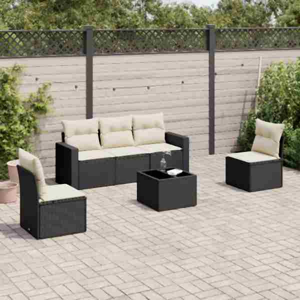 vidaXL 6-tlg. Garten-Sofagarnitur mit Kissen Schwarz Poly Rattan, UV-beständig, 3251133