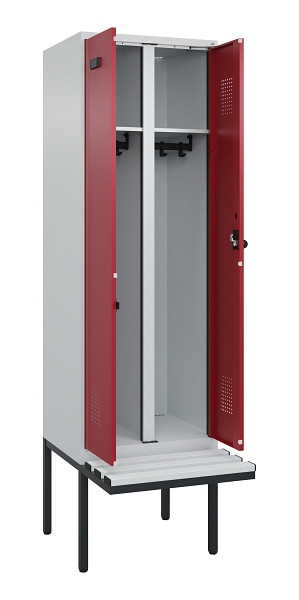 C+P Schwarz-Weiß-Spind Evolo PLUS, Bank, 2 Abteile, 2120x600x815mm, 7035/3003, Drehriegel, Material Sitzfläche Kunststoff, 0490427-20 S10058