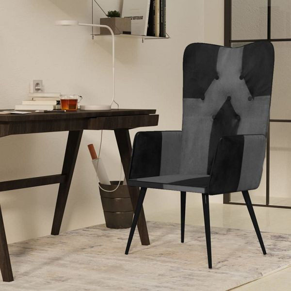 vidaXL Ohrensessel Schwarz und Grau Echtleder, 339662, 8720286771976