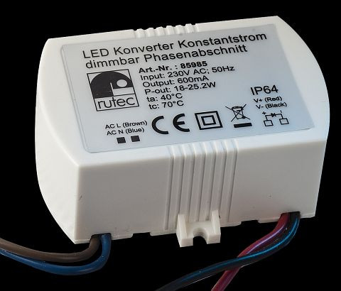 rutec LED-Konverter 600 mA 18W-25W 230V AC dimmbar Phasenabschnittsdimmer, 85985