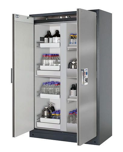 asecos Feuerbeständiger Gefahrstoffschrank Select, Mittelwand, mit Auszugs- und Bodenwannen, silber, 266868