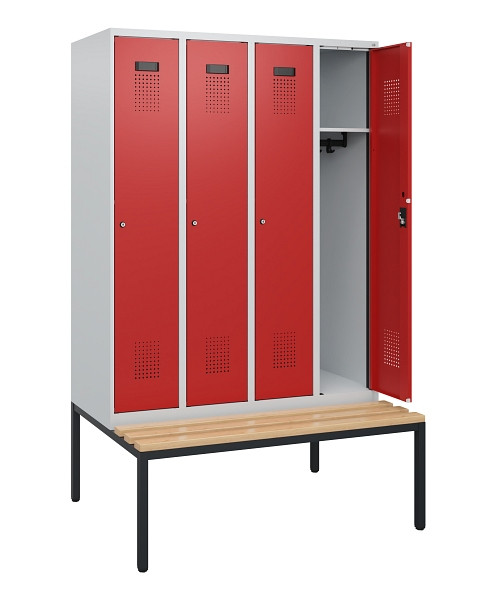 C+P Spind Evolo PLUS, 4 Abteile, 1950x1200x815mm, 7035/3000, Zylinderschloss, Sitzfläche Buche-Hartholz, Sitzbank, 0490505-40 S10024