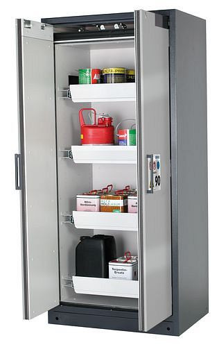 asecos Feuerbeständiger Gefahrstoffschrank Select W-94, 4 Auszugswannen, Türen silber, 201018