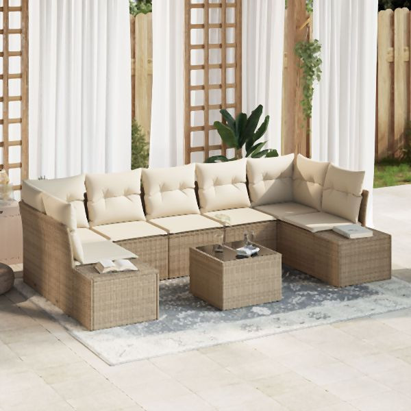 vidaXL 8-teiliges Garten-Sofaset mit Kissen Beige Poly Rattan, 3355650