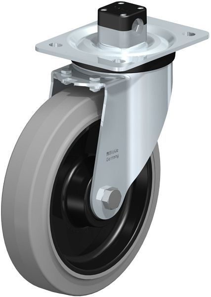 Blickle L-POEV 200KD-CS11-SG Stahlblech-Lenkrolle, mittelschwere Ausführung, mit Anschraubplatte & Zentralfeststeller, Elastik-Vollgummi, Grau, 850747